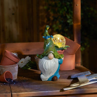 Gnome With Flower Pot Solar Statue