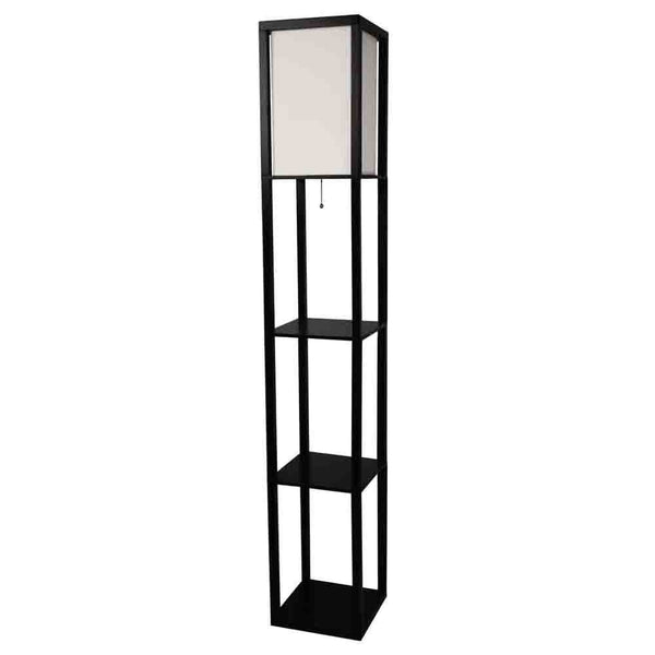 Black 3-Shelf Modern Floor Lamp with Beige Linen Shade - Distinctive Merchandise