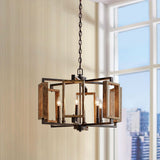 6-Light Dimmable Aged Bronze Farmhouse Pendant with Wood Accents Chandelier