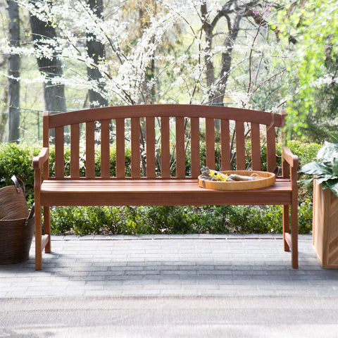 Curved Back 4-Ft Outdoor Garden Bench with Arm-Rests in Natural Wood Finish - Distinctive Merchandise