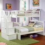 Twin over Full Bunk Bed with Stairway Storage Drawers in White Wood Finish