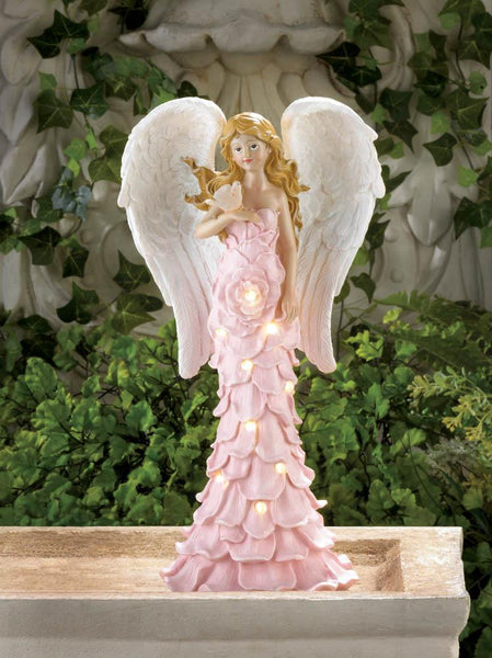 Solar Powered Pink Rose Angel Statue - Distinctive Merchandise