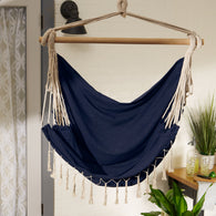 Blue Chambray Hammock Chair With Fringe Trim